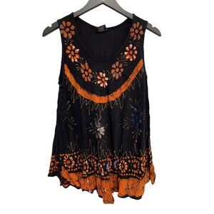 Highness Tank Top One Size Floral Sleeveless Scoop Neck Black Orange Bohemian